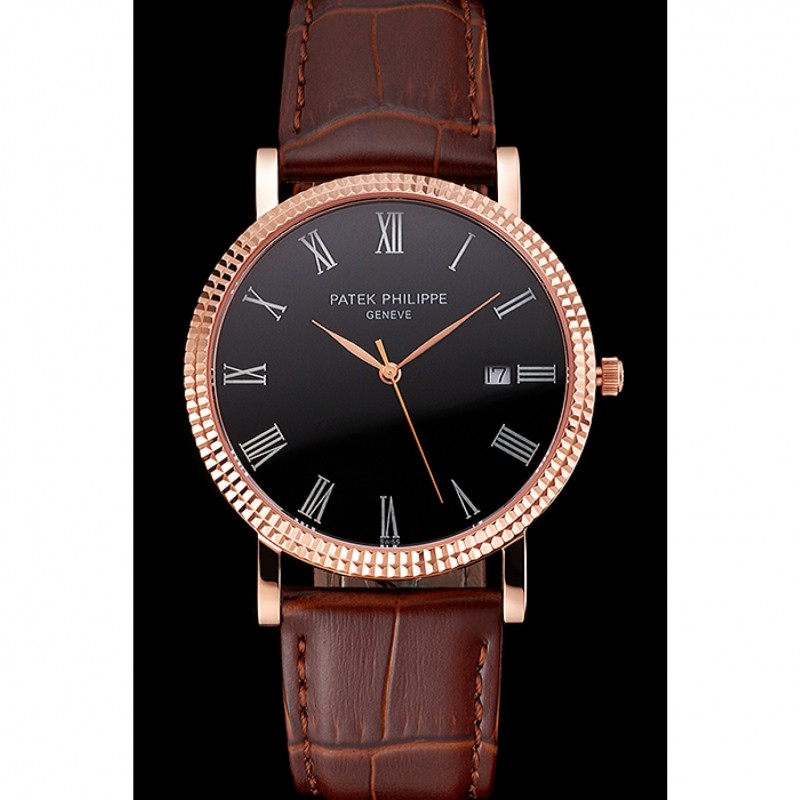 High Quality Patek Philippe Calatrava Black Dial Roman Numerals Ribbed Bezel Rose Gold Case Brown Leather Strap-1