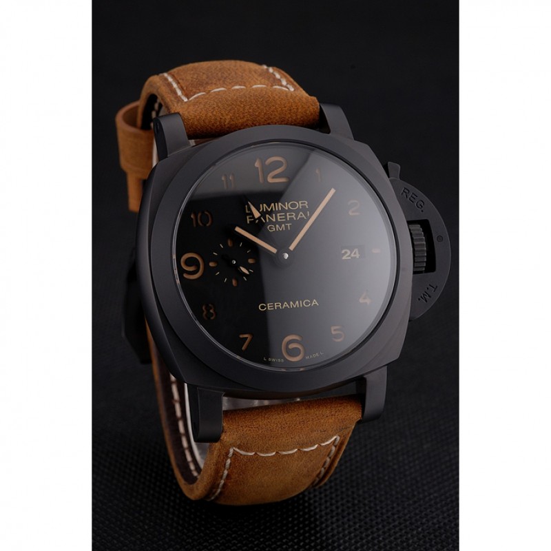Swiss Panerai Luminor GMT Ceraica Black Dial Black Case Brown Leather Strap-1