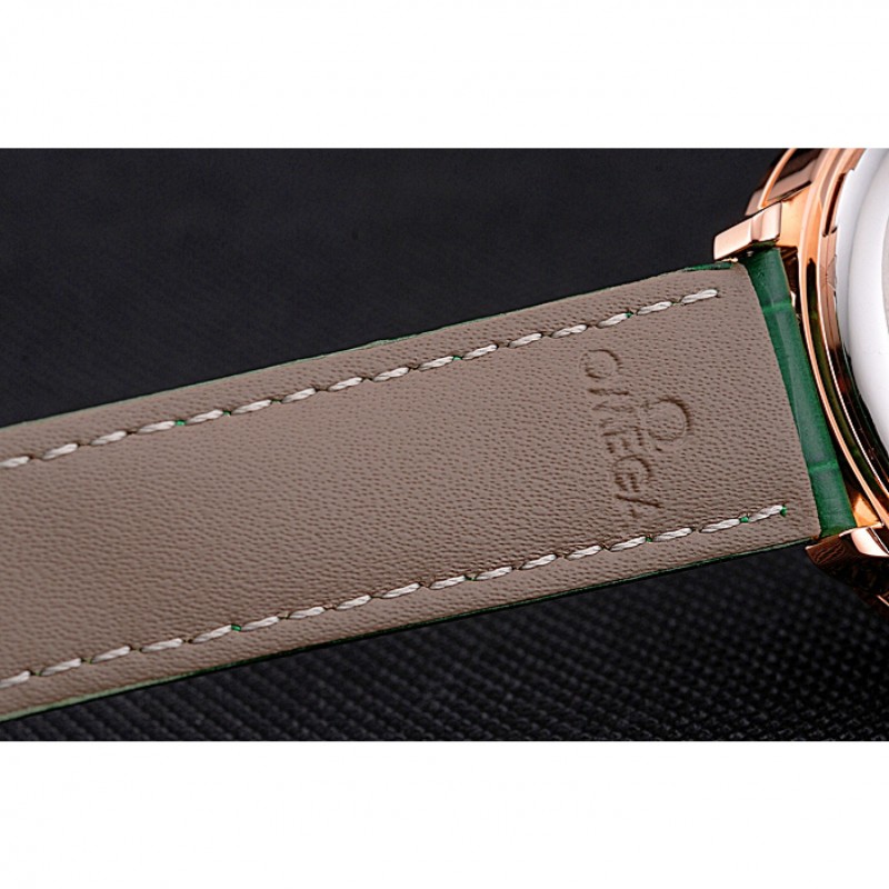 SS Replica Watches Omega DeVille Prestige Co-Axial Diamond Gold Case Mother-Of-Pearl Dial Green Leather Strap-7