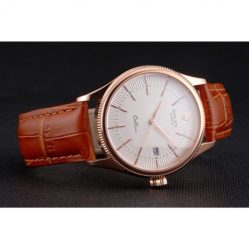 Luxury Replica Watches Swiss Rolex Cellini Date White Dial Rose Gold Case Brown Leather Strap-3