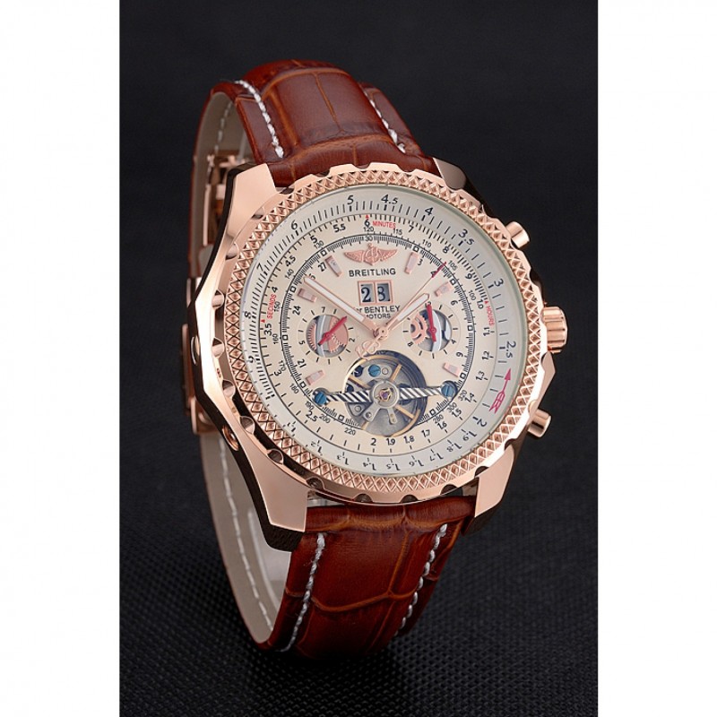 Breitling For Bentley Mulliner Tourbillon White Dial Rose Gold Case Brown Leather Strap-1