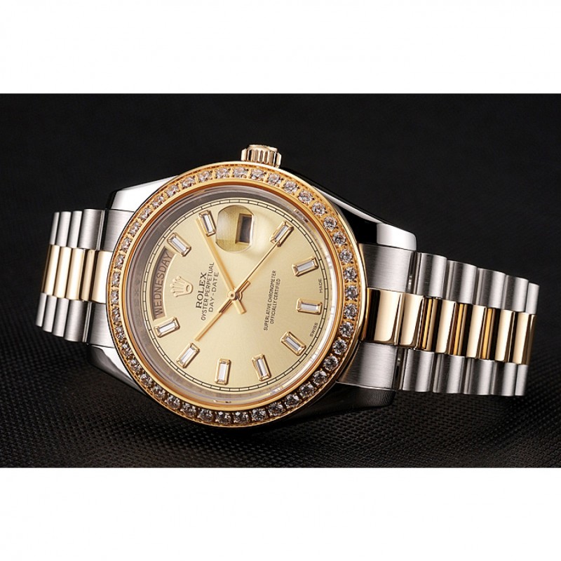 SS Replica Watches Swiss Rolex Day-Date Champagne Dial Diamond Bezel Two Tone Bracelet 1454103-4