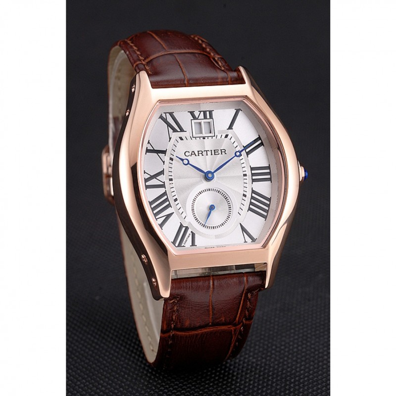 Cartier Tortue Large Date White Dial Gold Case Brown Leather Strap-2