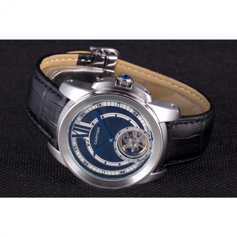 Cartier Calibre Flying Tourbillon Black Dial Stainless Steel Case Black Leather Bracelet-3