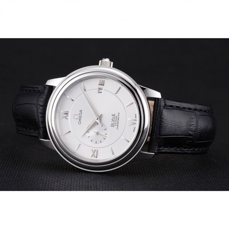 Omega De Ville Prstige Co-Axial White Dial Silver Case Black Leather Strap Roman Numeral-4