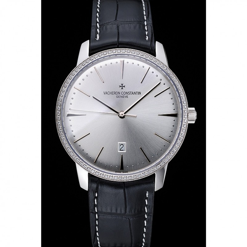 SS Replica Watches Swiss Vacheron Constantin Patrimony White Dial Silver Diamonds Case Black Leather Bracelet 1454162-1
