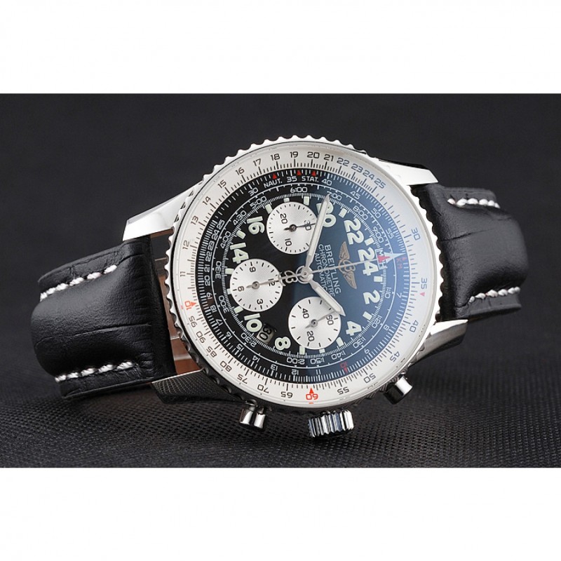 Swiss Breitling Navitimer Cosmonaute Black Dial Stainless Steel Case Black Leather Strap-4