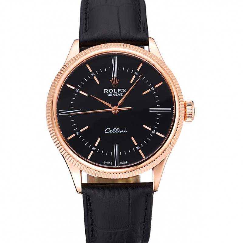 Best Replica Watches Swiss Rolex Cellini Time Rose Gold Case Black Dial Black Leather Bracelet 622656-0