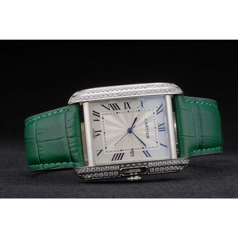 Cartier Tank Anglaise 36mm White Dial Diamonds Steel Case Green Leather Bracelet-3
