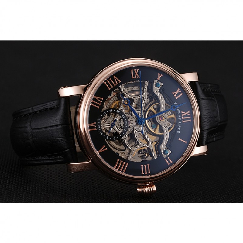 Patek Philippe Grand Complications Black Skeleton Dial Rose Gold Case Black Leather Strap 1453809-4