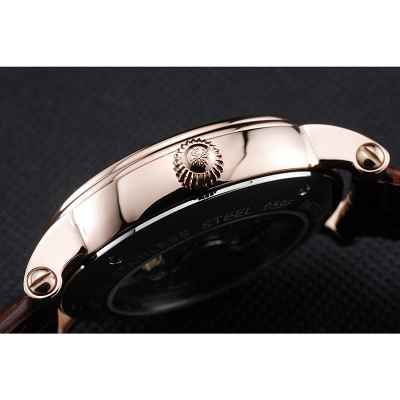 Patek Philippe Complications Moonphase Tourbillon White Dial Rose Gold Case Brown Leather Strap-8