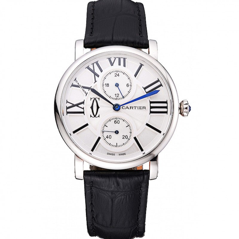 Cartier Ronde Second Time Zone White Dial Stainless Steel Case Black Leather Strap 622798-0