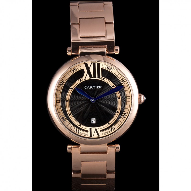AAA Replica Watches Cartier Ballon Bleu Rose Gold Stainelss Steel Strap Black Dial 621454-1