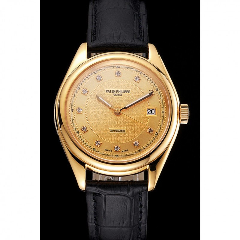Swiss Patek Philippe Calatrava Gold Dial Diamond Markings Gold Case Black Leather Strap-1