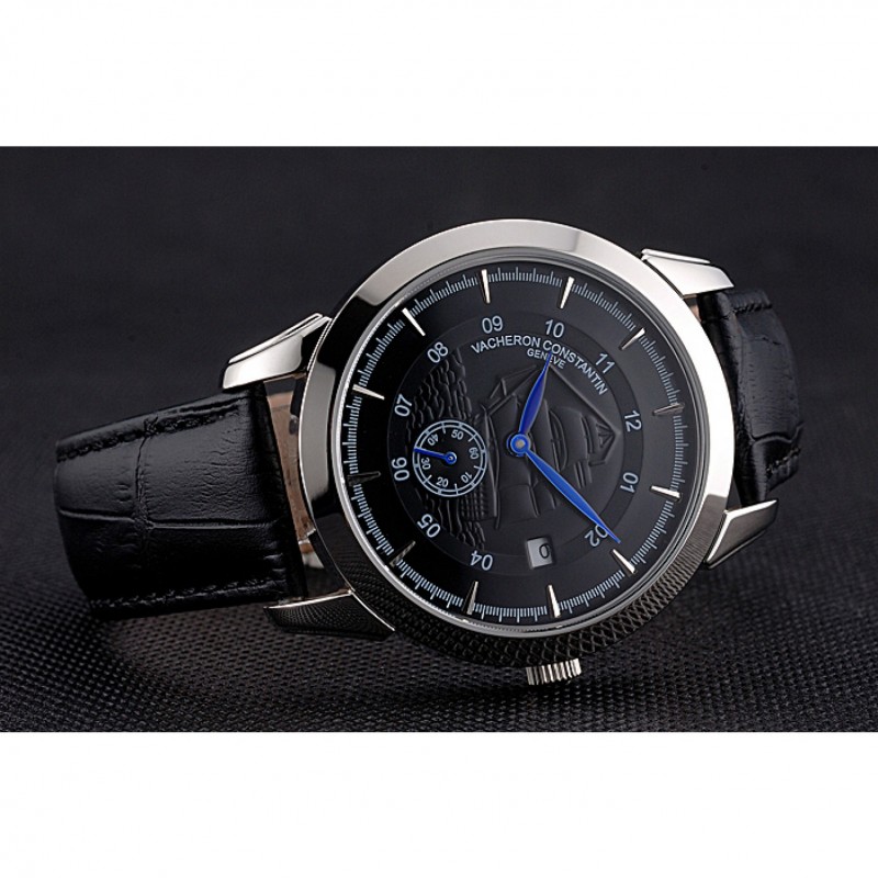 Vacheron Constantin Traditionnelle Black Ship Dial Stainless Steel Case Black Leather Strap-3