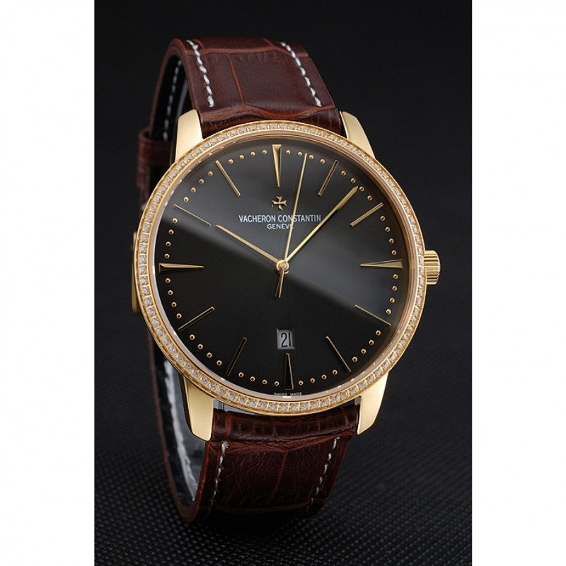 Swiss Vacheron Constantin Patrimony Grey Dial Gold Diamonds Case Brown Leather Bracelet 1454182-2