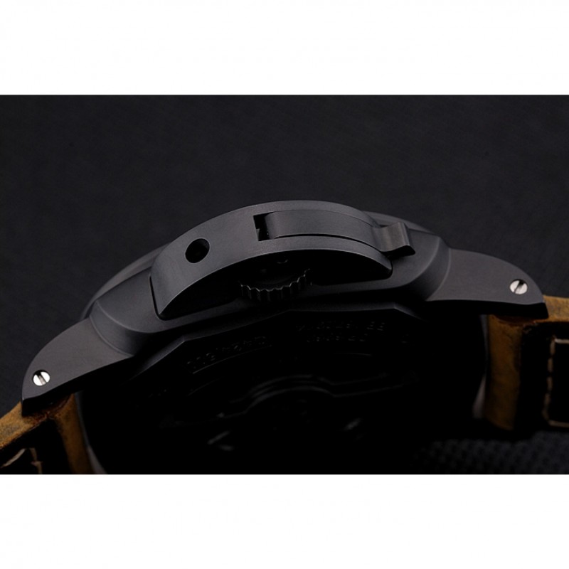 Swiss Panerai Luminor Ceramica Flyback Chronograph Black Dial Black Case Brown Leather Strap-8