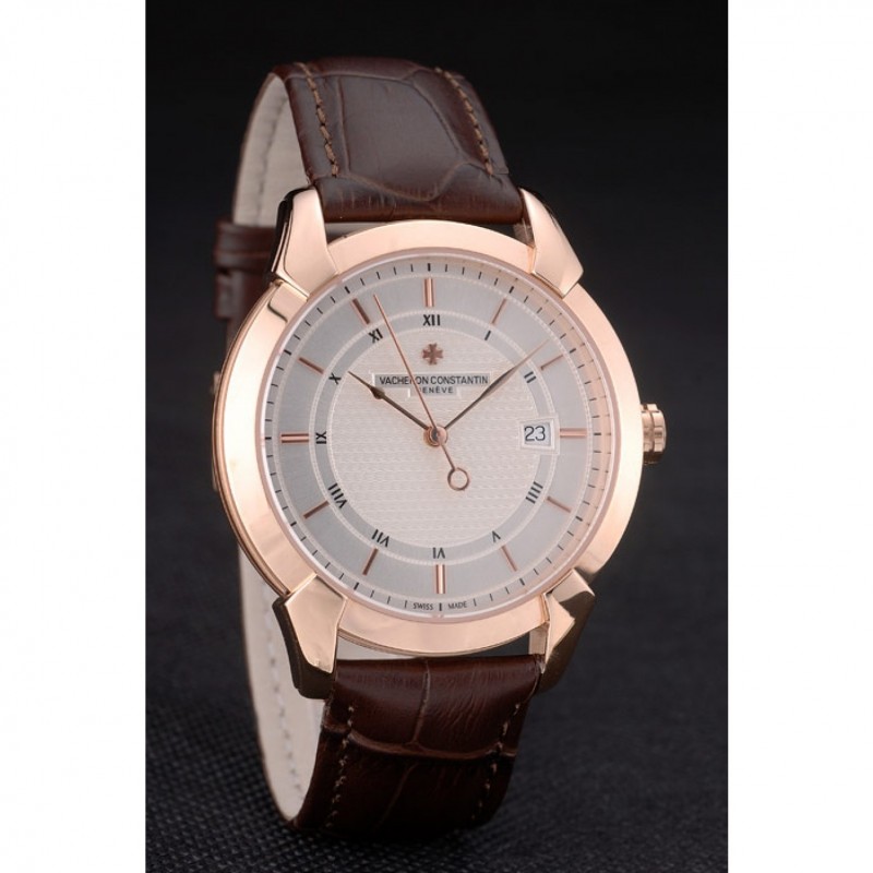 Swiss Vacheron Constantin Traditionnelle White Dial Rose Gold Case Brown Leather Bracelet-2