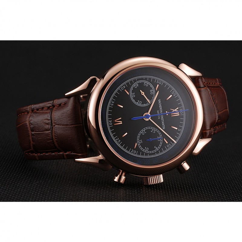 Swiss Vacheron Constantin Traditionnelle Chronograph Black Dial Gold Case Brown Leather Bracelet 1453995-2