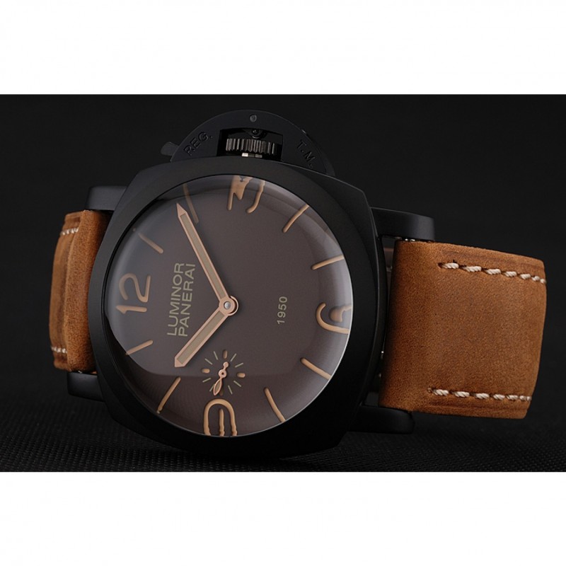 High Quality Replica Watches Swiss Panerai Luminor 1950 Brown Dial Black PVD Case Brown Suede Leather Strap 1453848-4