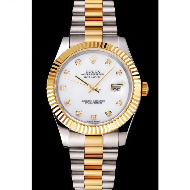 Luxury Replica Watches Swiss Rolex Datejust White Dial Diamond Hour Marks Gold Bezel Stainless Steel Case Two Tone Bracelet-1