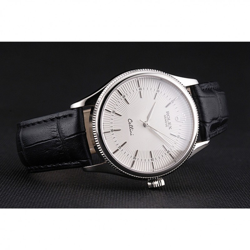 Swiss Rolex Cellini White Guilloche Dial Stainless Steel Case Black Leather Strap-4