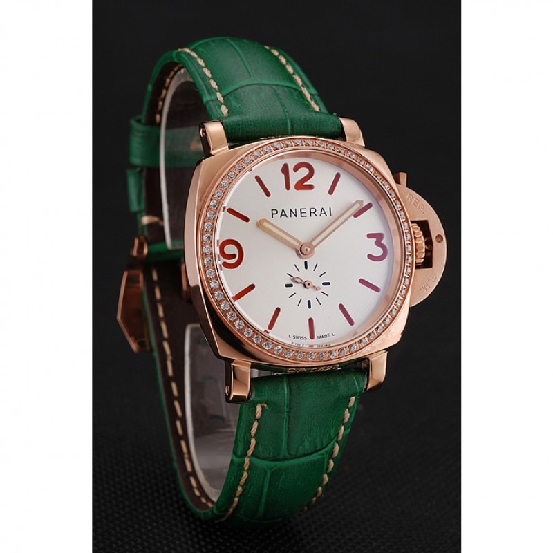 Panerai Radiomir White Dial Diamond Bezel Rose Gold Case Green Leather Strap 1453803-2