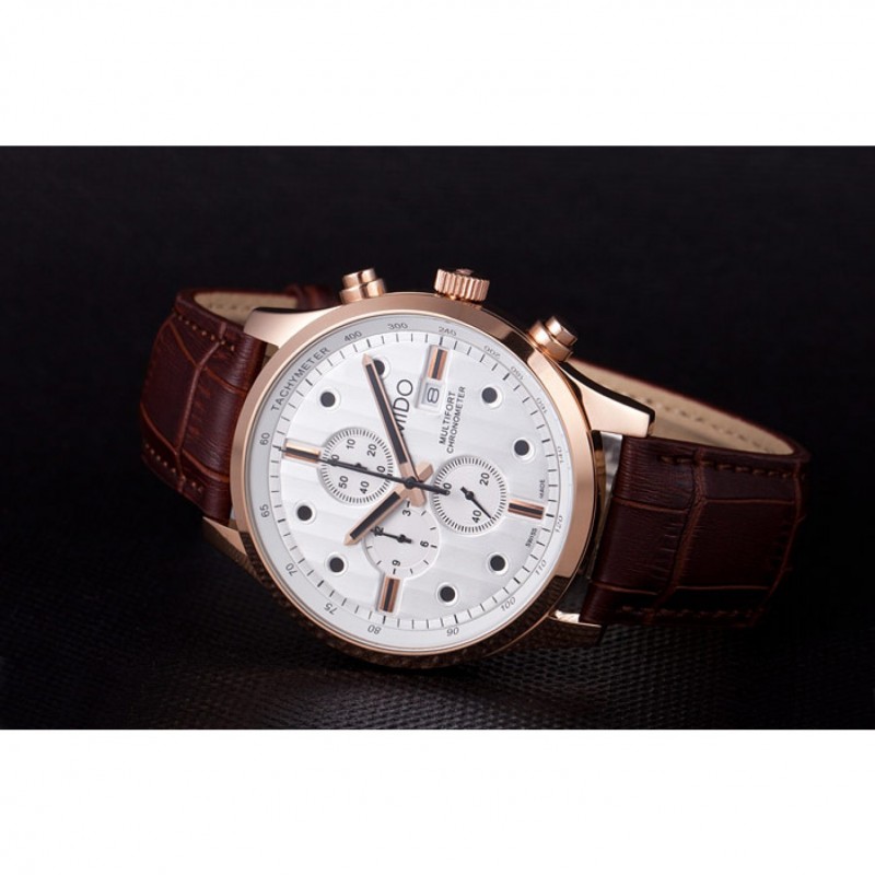 Mido Multifort Brown Croco Leather Strap White Dial 80287-4