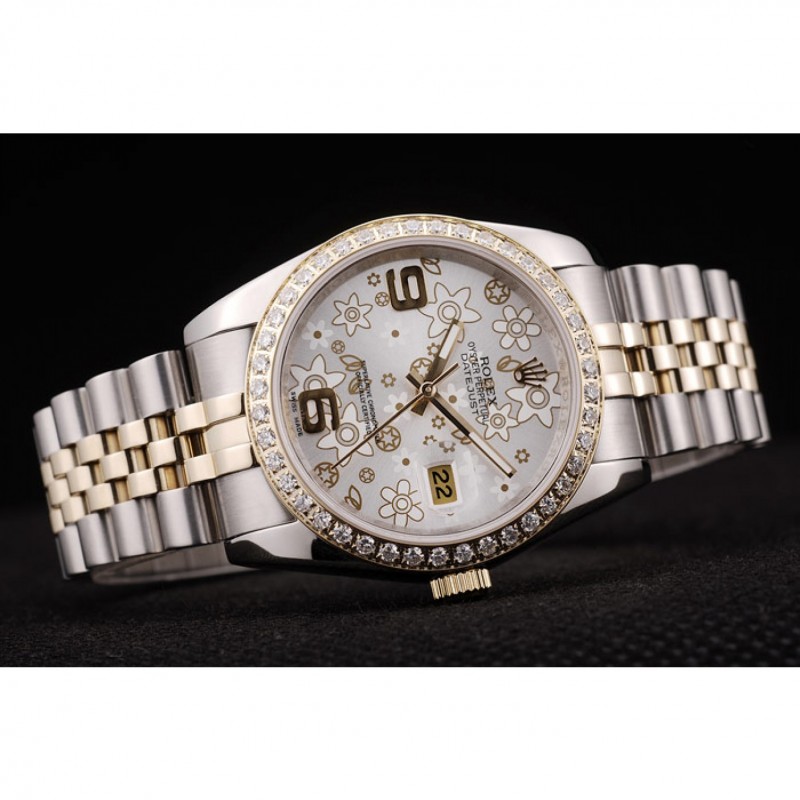 Rolex DateJust Brushed Stainless Steel Case Silver Flowers Dial Diamonds Plated-2