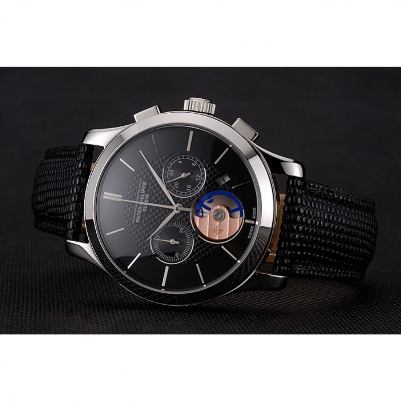 Patek Philippe Chronograph Black Dial Stainless Steel Case Black Leather Strap-3