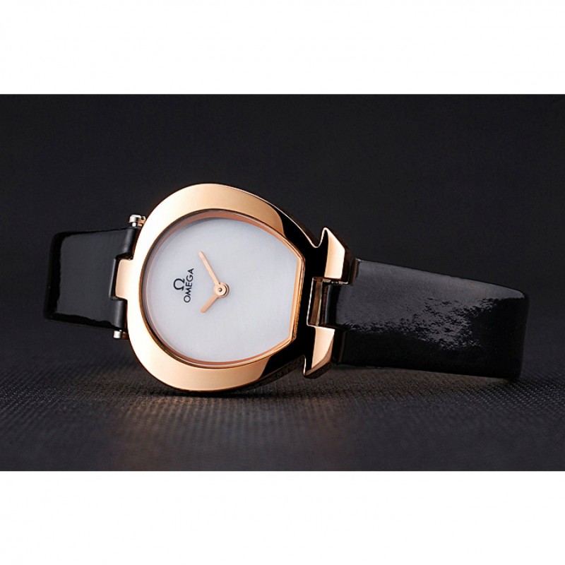 Omega Ladies Watch White Dial Gold Case Black Leather Strap 622820-4