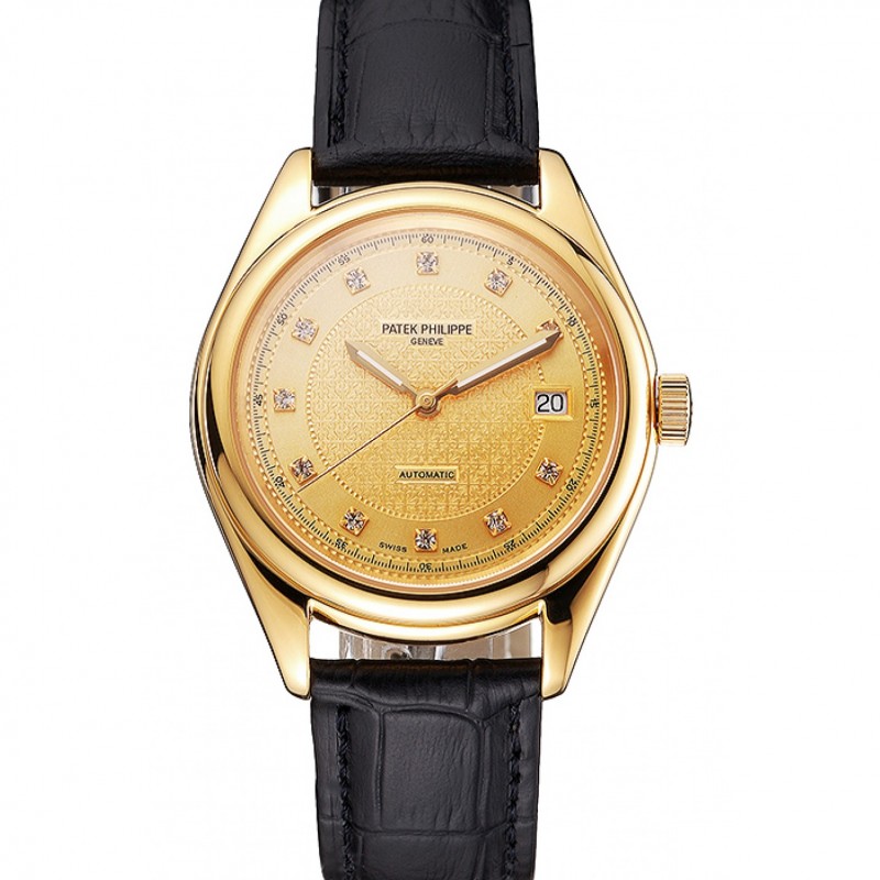 Swiss Patek Philippe Calatrava Gold Dial Diamond Markings Gold Case Black Leather Strap-0