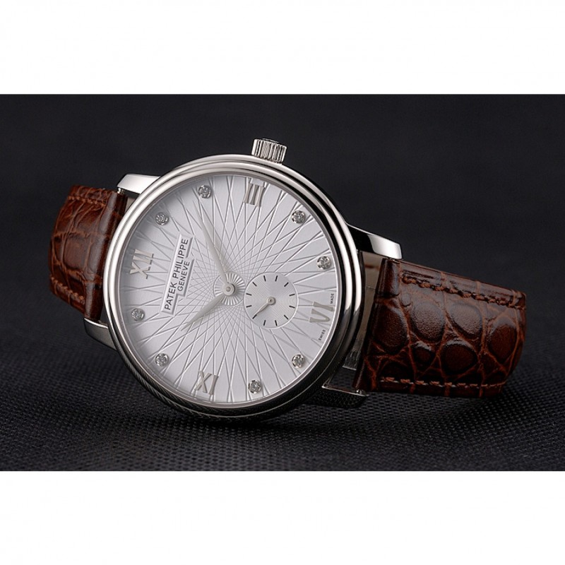 Cheap Patek Philippe Calatrava Date White Embossed Dial Stainless Steel Case Brown Leather Strap-4