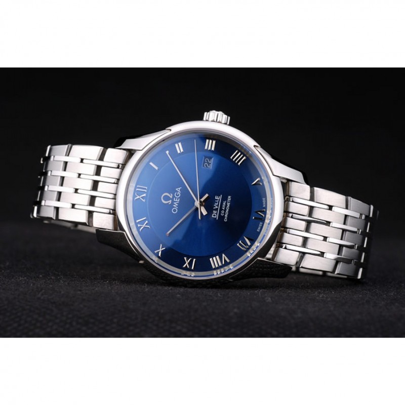 Omega Swiss DeVille Stainless Steel Bezel Roman Numbers Blue Dial 7612-4