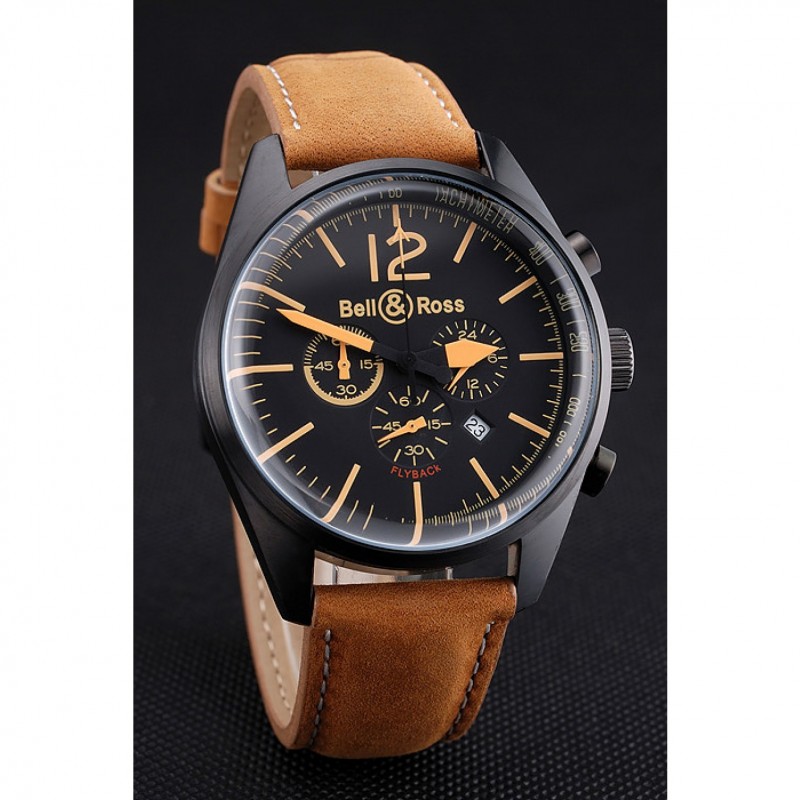 Bell and Ross BR126 Flyback Black Dial Black Case Gold Numerals Brown Suede Leather Strap-2