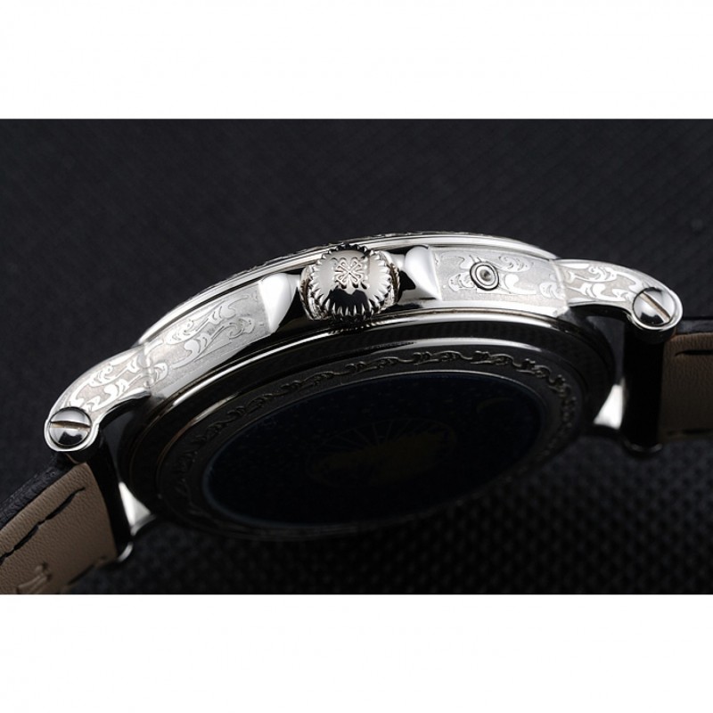 Patek Philippe Perpetual Calendar Retrograde Date White Dial Engraved Silver Case Black Leather Bracelet 1454147-6
