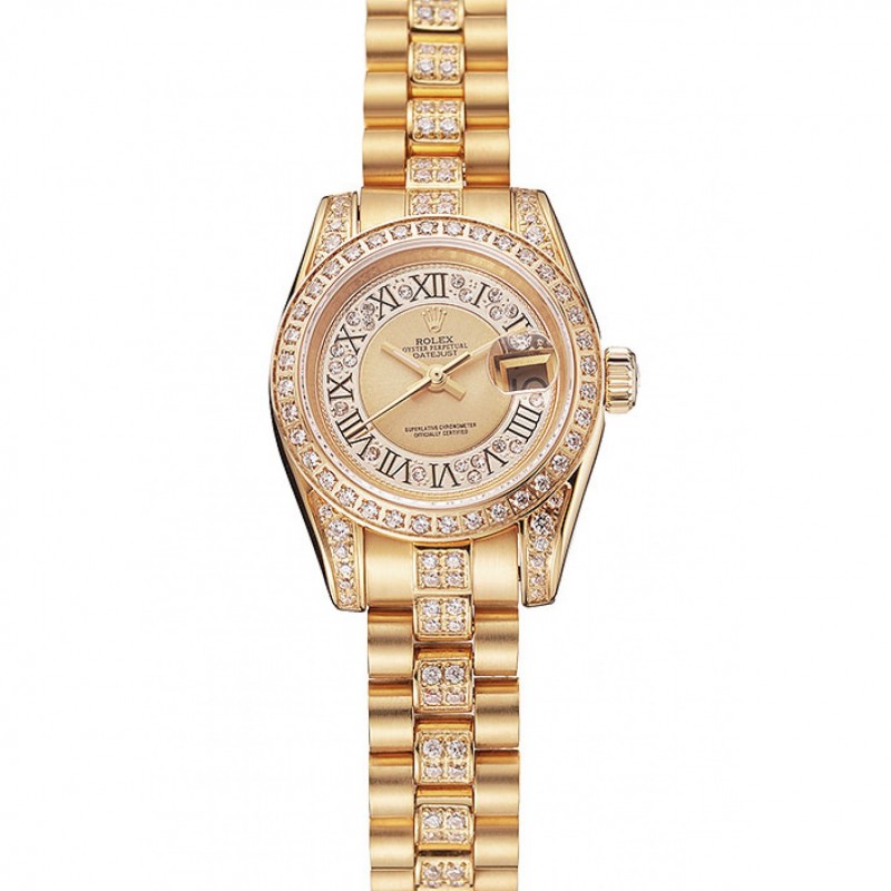 Swiss Rolex DayJust Diamond Pave Gold Dial Gold Diamond Bracelet 1453953-0