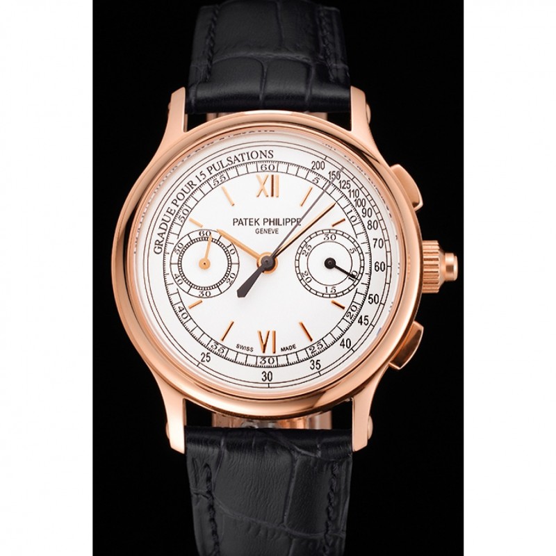 High End Replica Watches Swiss Patek Philippe 5170J Chronograph White Dial Rose Gold Case Black Leather Strap-1