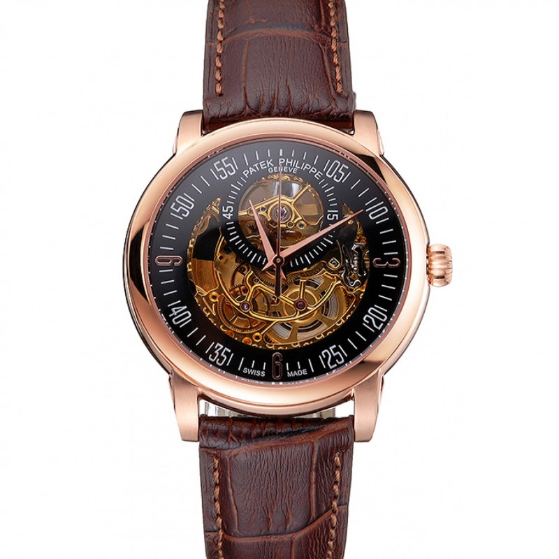 Swiss Patek Philippe Complications Openworked Dial Rose Gold Case Brown Leather Strap-0