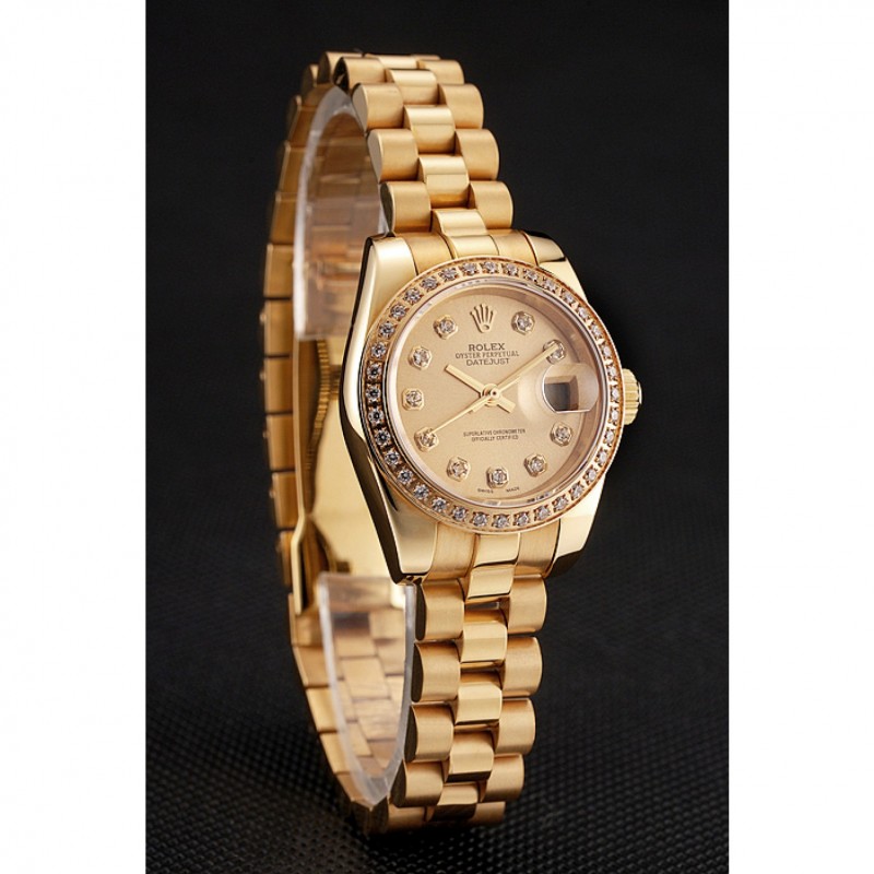 SS Replica Watches Swiss Rolex Lady-Datejust Champagne Dial Diamond Bezel Gold Bracelet 1454095-2