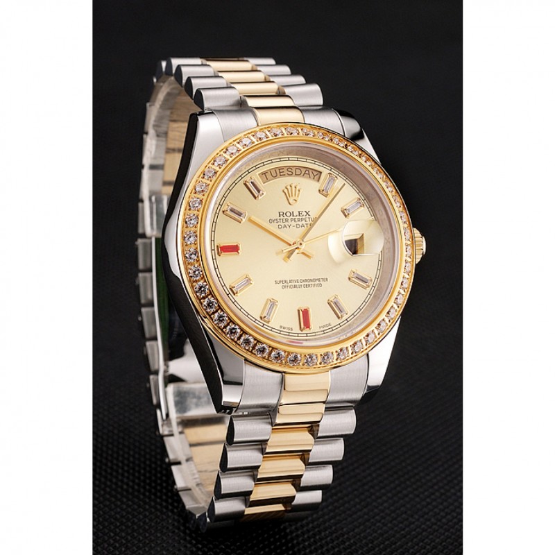 Swiss Rolex Day-Date Diamonds And Rubies Champagne Dial Two Tone Bracelet 1454104-2