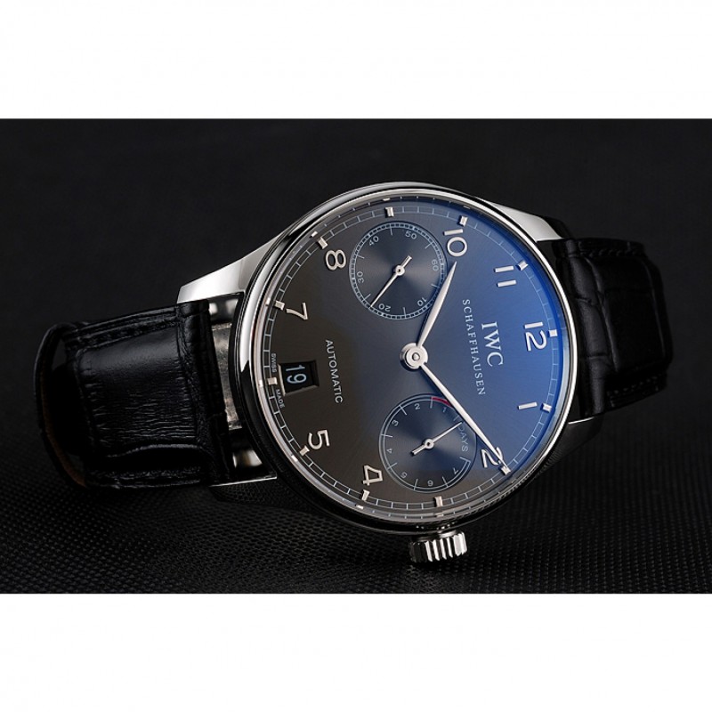 Swiss IWC Portuguese Black Dial Black Subdials Silver Case Black Leather Bracelet 1453906-2