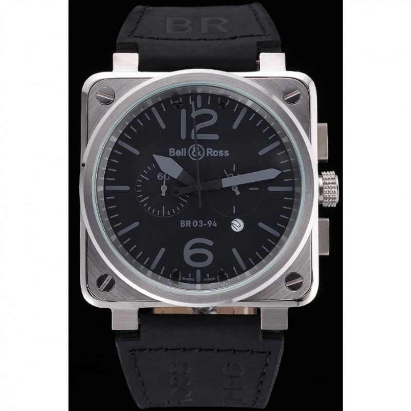 Cheap Bell and Ross BR 03-94 Black Dial Silver Case Black Leather Strap-1