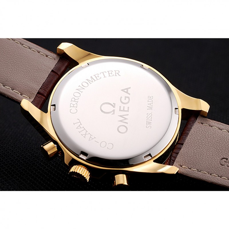 SS Replica Watches Omega Chronograph Gold Dial Gold Case Brown Leather Strap-7