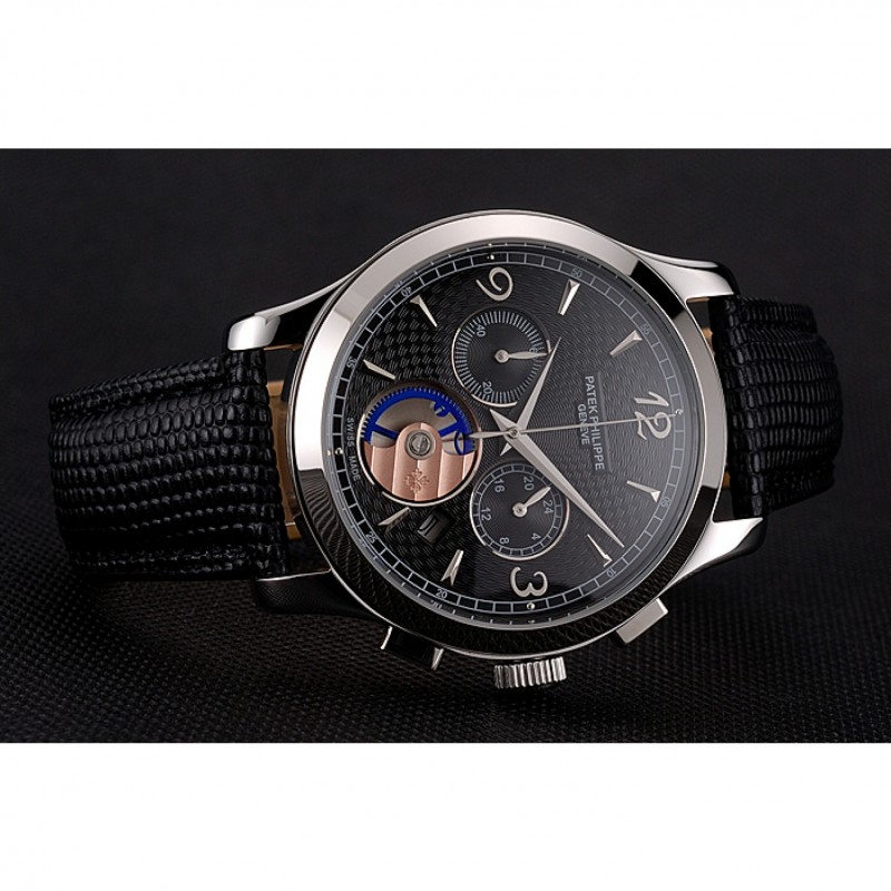 Patek Philippe Chronograph Black Guilloche Dial Stainless Steel Case Black Leather Strap-3