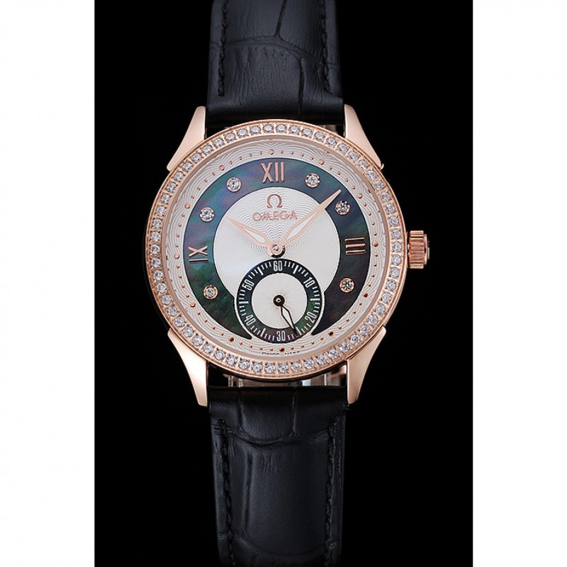 Omega DeVille Prestige Black Dial Gold Diamond Case Black Leather Bracelet 1454123-1