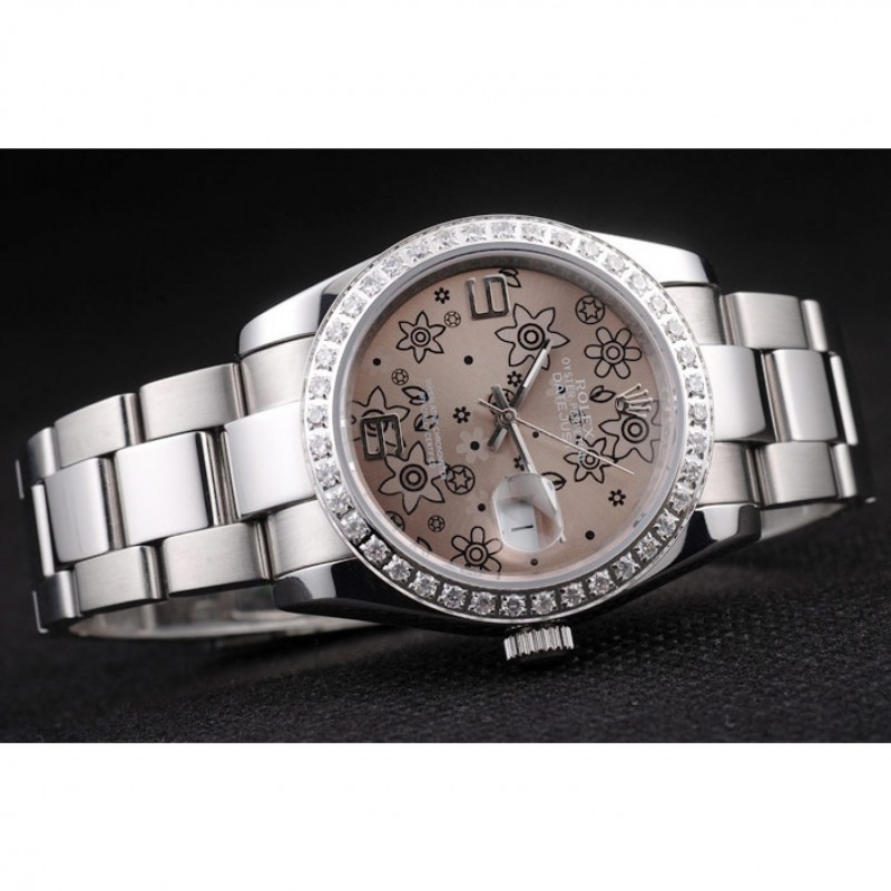 Rolex Datejust Polished Stainless Steel Brown Flowers Dial Diamond Plated-3