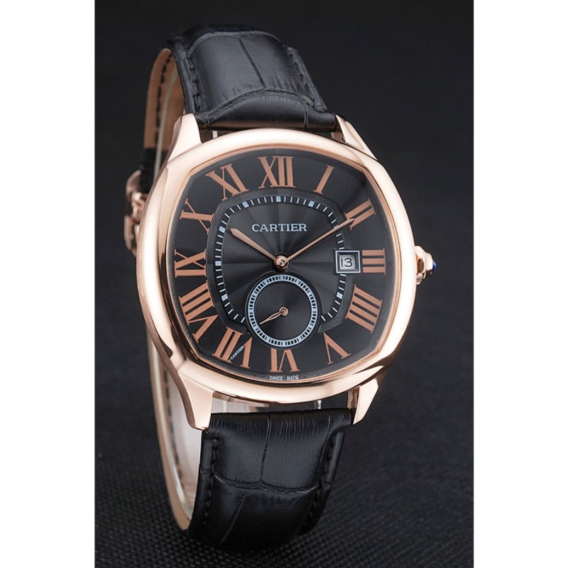Cartier Drive De Cartier Black Dial Gold Case Black Leather Bracelet 1454214-2