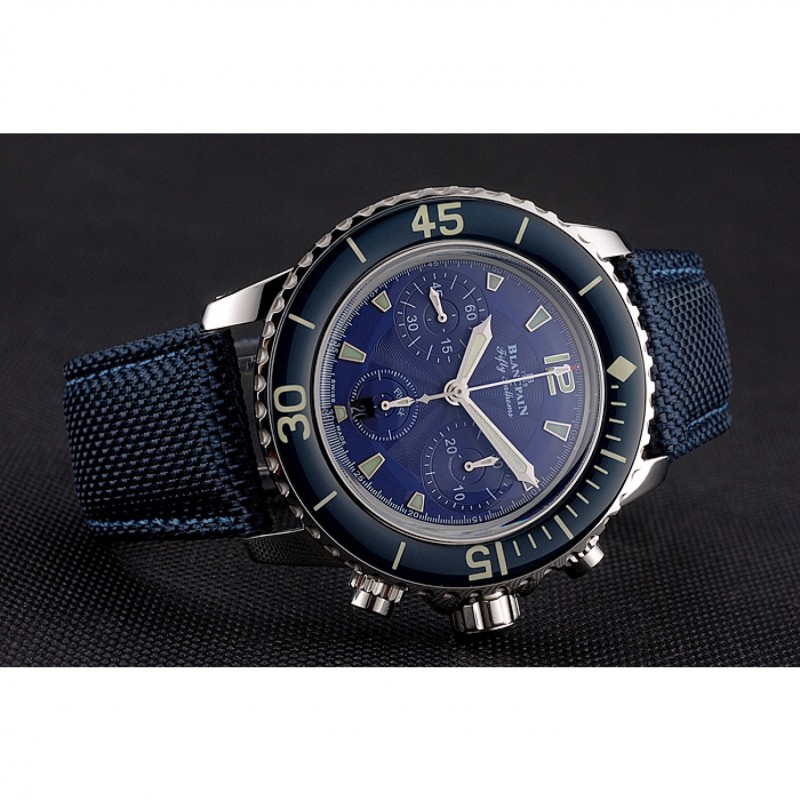 Swiss Blancpain Fifty Fathoms Flyback Chronograph Blue Dial Blue Bezel Stainless Steel Case Blue Canvas Strap-4