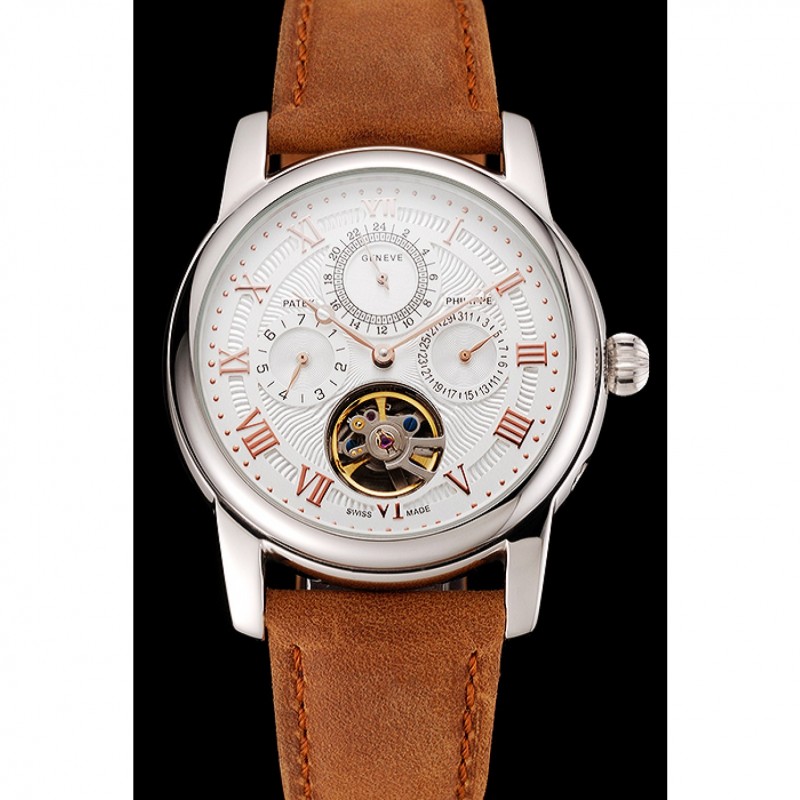Patek Philippe Grand Complications Day Date Tourbillon White Dial Rose Gold Numerals Stainless Steel Case Brown Suede Leather Strap 1453818-1